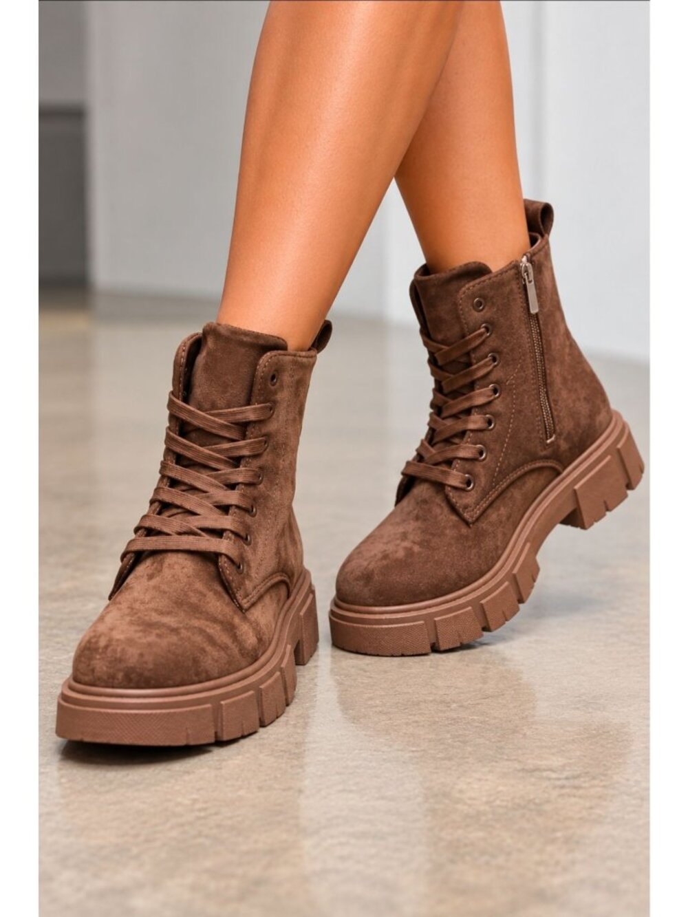 Brown Faux Suede Lace-Up Combat Boots With Chunky Sole & Side Zipper Stylish & D